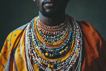 Obraz premium African Man with Bright Beaded Necklaces in Traditional Attire for Black History Month and Kwanzaa Celebration.