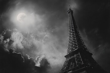 Eiffel Tower illuminated by moonlight in a dramatic nighttime sky, The Eiffel Tower by moonlight
