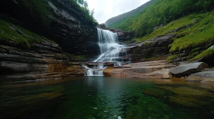 Serene waterfall cascading over rocky cliffs into a tranquil pool surrounded by lush greenery