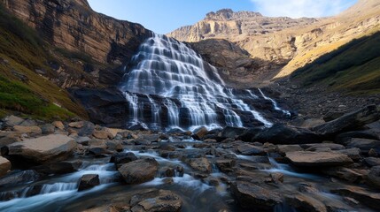 Majestic waterfall cascading down rocky cliffs surrounded by lush greenery under a clear sky