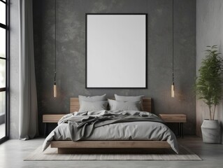 Modern bedroom with wooden bed frame and grayscale color scheme