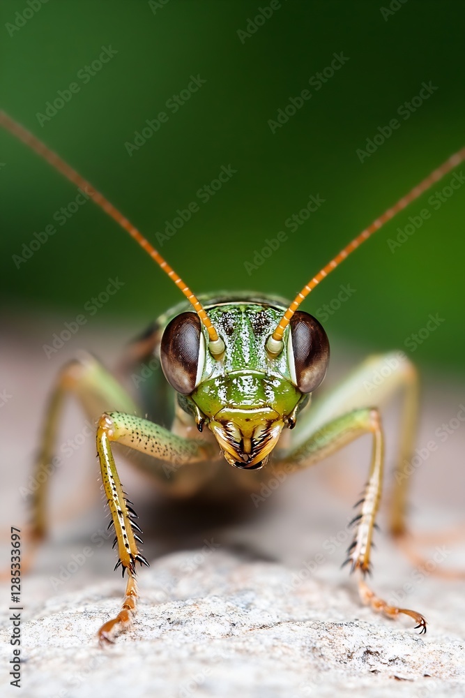 Poster Close-up of a green grasshopper displaying intricate textures and details on a natural background : Generative AI