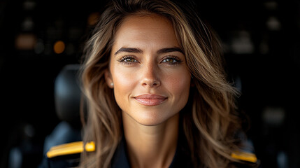 Obraz premium A young, beautiful, and confident female pilot stands elegantly in a sleek uniform, embodying professionalism and grace. The blurred modern background enhances her poised presence