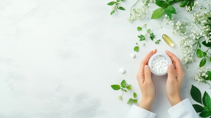 Homeopathic Consultation, woman discussing natural treatments, hands with herbal remedies, emphasizing wellness and holistic healthcare.