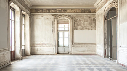 Fototapeta premium Empty Room with Arched Windows and Wooden Beams Wide Angle View of an Elegant Empty Living Room with Natural Light