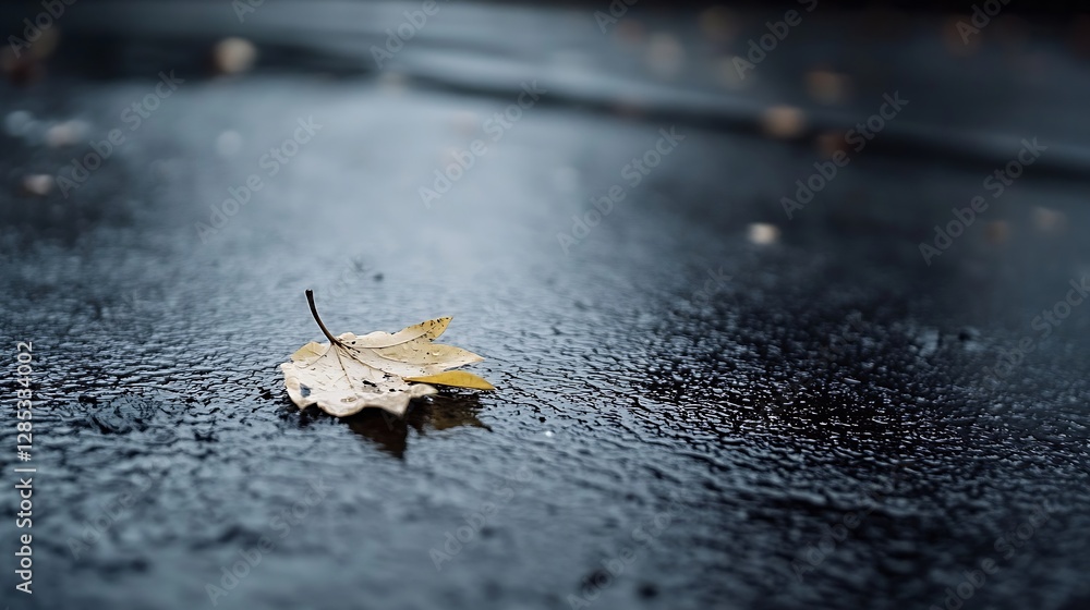 Aufkleber Lonely Autumn Leaf on Wet Pavement After Rain with Glimmering Reflection in Soft Light : Generative AI