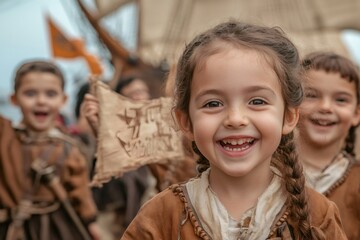 Smiling children wearing medieval costumes celebrating a festival