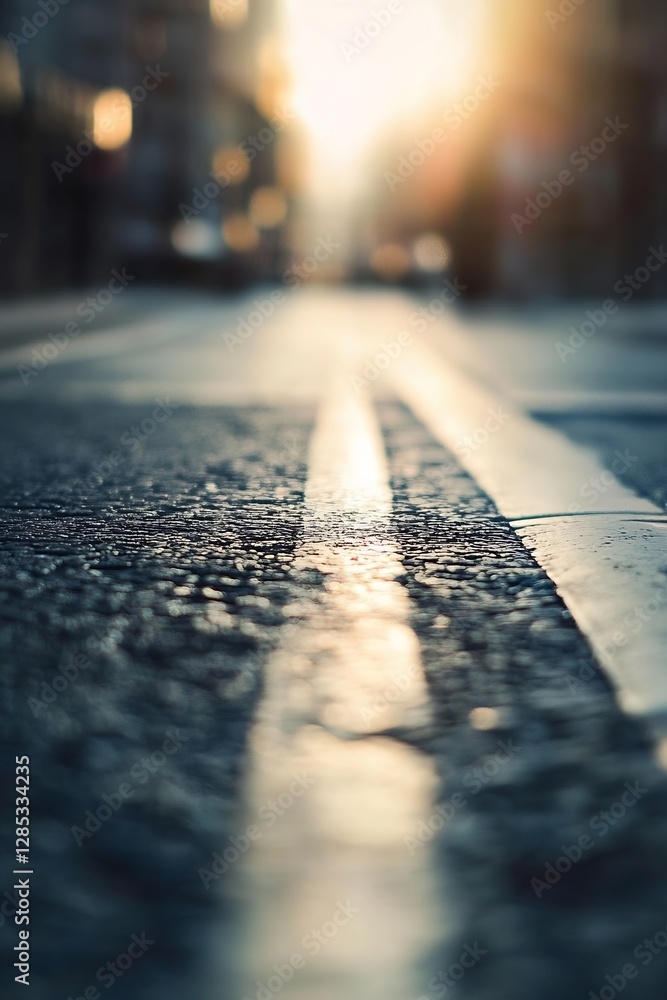 Poster serene urban street view captured at dusk with soft focus on pavement : generative ai