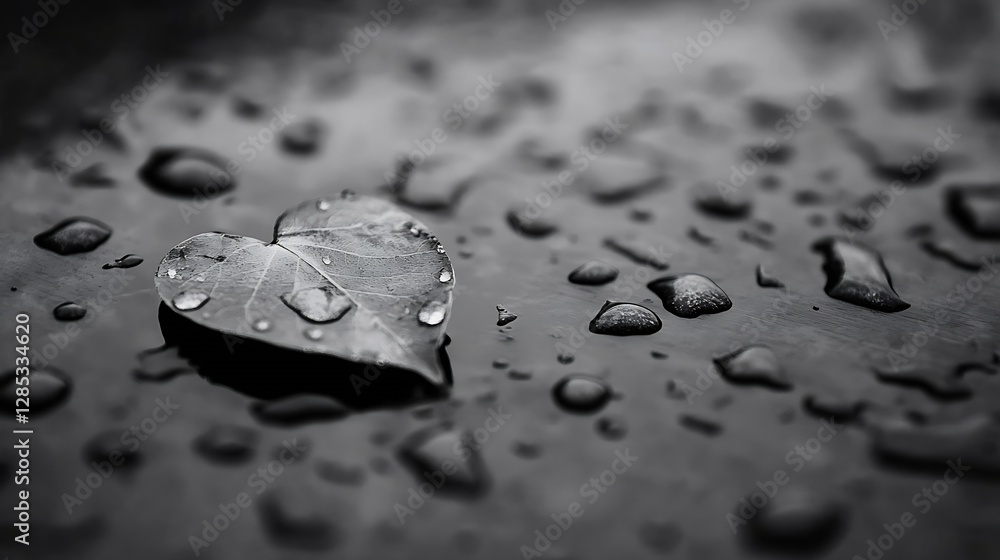 Aufkleber heart shaped leaf with water droplets on surface in monochrome setting : generative ai