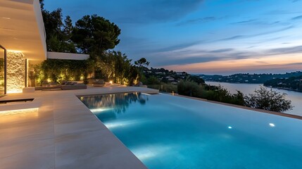 Fototapeta premium Luxurious Infinity Pool Overlooking Serene Sunset View with Glistening Waters and Tranquil Ambiance : Generative AI
