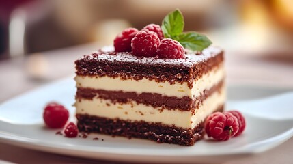 Decadent chocolate raspberry layered cake with fresh ingredients : Generative AI