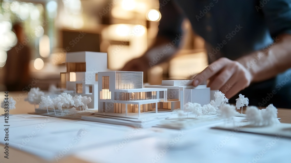 Poster architectural model being crafted by a designer in a bright studio with blurred background elements