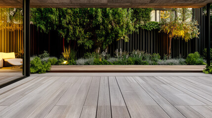 Modern outdoor space with wooden deck and lush landscaping in evening light