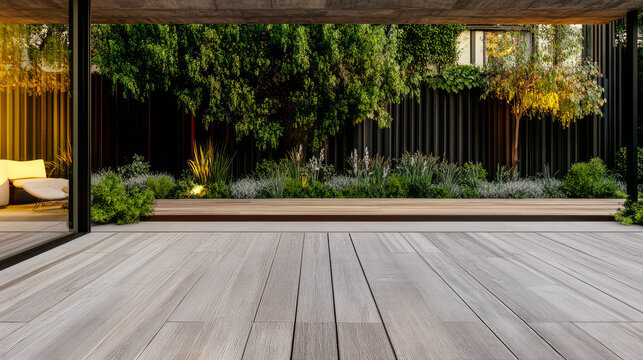 Modern outdoor space with wooden deck and lush landscaping in evening light