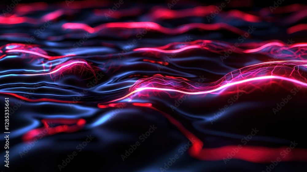 Canvas Prints abstract representation of flowing waves with neon pink and blue light effects in a dark setting