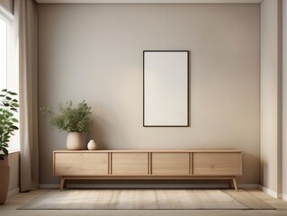 Minimalist interior featuring a wooden console with plants and frame