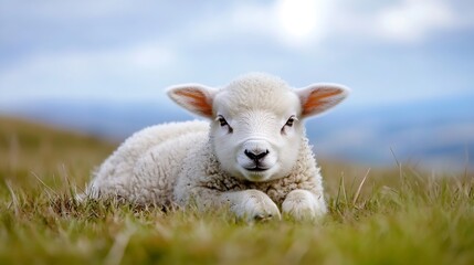 Fototapeta premium Adorable young lamb resting peacefully on grassy field with serene backdrop : Generative AI