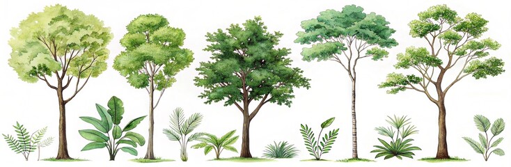 trees collection flat illustration side view clean white background