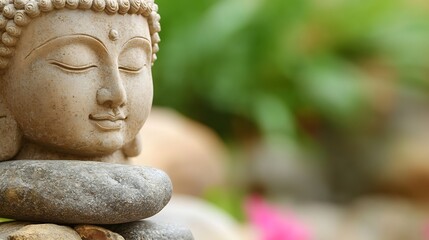 Obraz premium Serene and Calming Buddha Statue Surrounded by Natural Elements and Vibrant Greenery : Generative AI