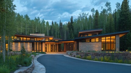 Obraz premium Modern luxury home nestled in a forest at dusk, showcasing its architectural design, landscaping, and driveway.