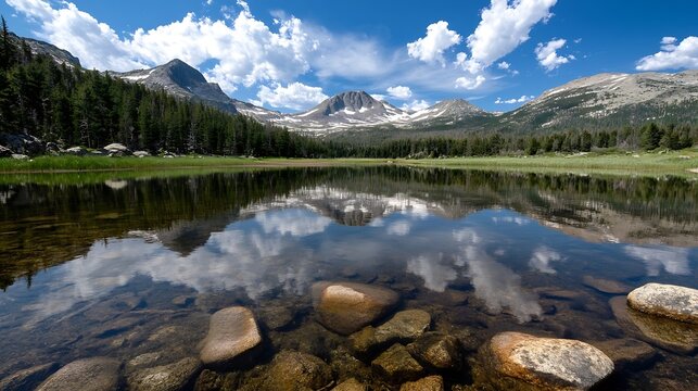 Stunning Mountain Landscape with Reflections in a Crystal Clear Lake under Bright Blue Sky : Generative AI