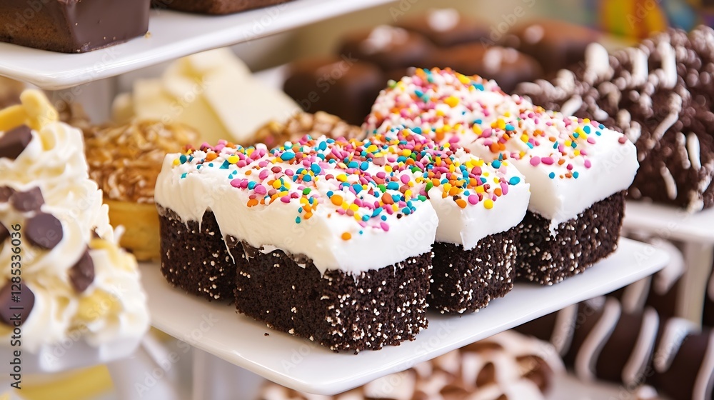Aufkleber tempting close up of delicious chocolate cake squares with colorful sprinkles making a delightful tr