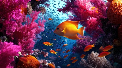 Fototapeta premium Vibrant underwater scene showcasing colorful coral reefs and a school of tropical fish swimming