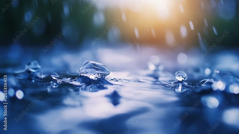 Aufkleber raindrops falling on dark water surface creating ripples in soft light : generative ai