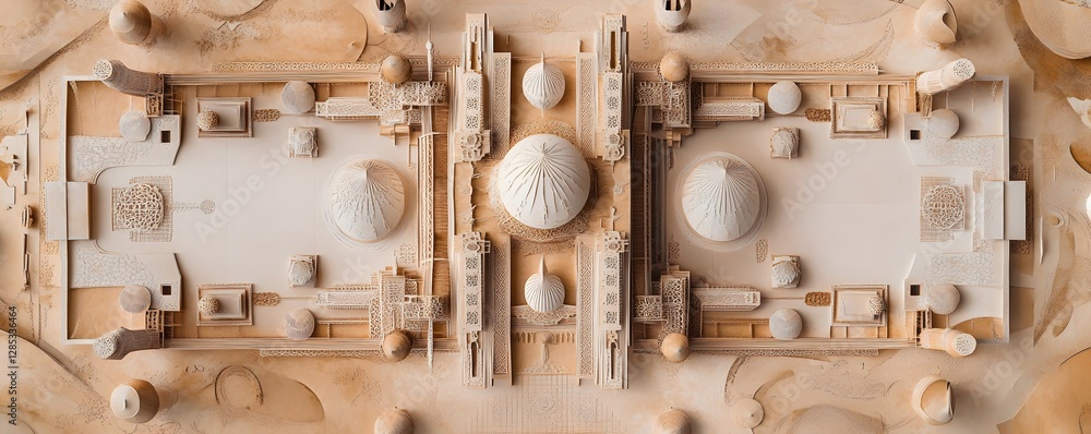 Poster architectural rendering presents a symmetrical layout with domed structures