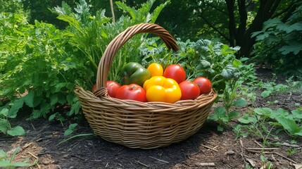 Wicker basket full of freshly harvested vegetables in the garden