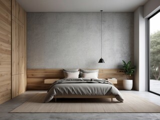Minimalist bedroom interior features a wooden bed with gray bedding