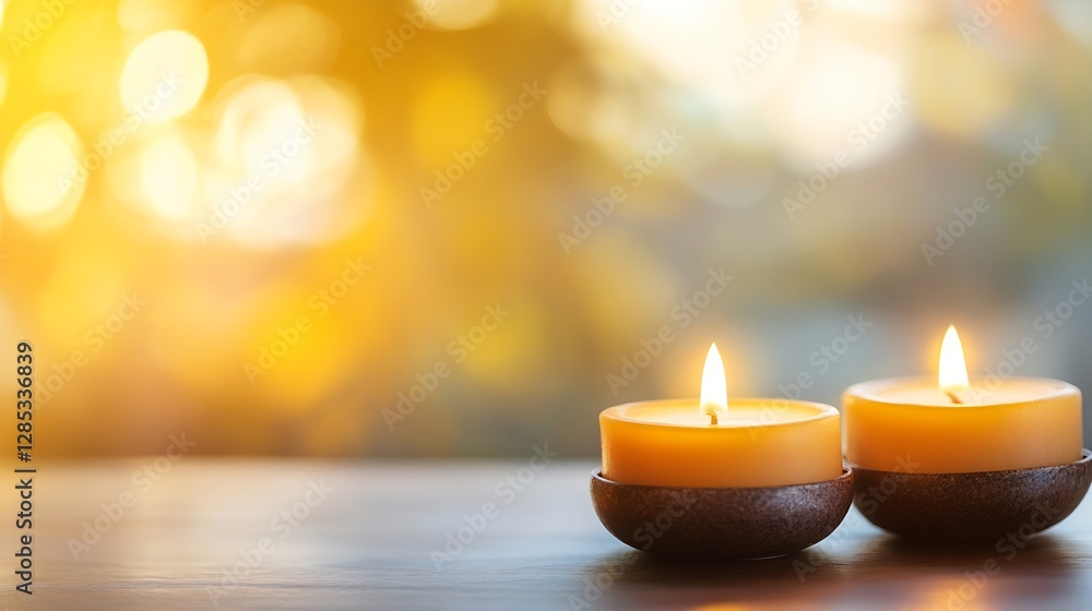 Aufkleber Two yellow candles glowing softly with a blurred warm background : Generative AI