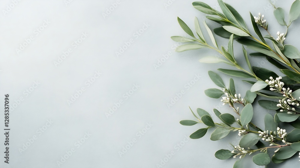Poster elegant green foliage and flowers arranged artistically on soft backdrop : generative ai