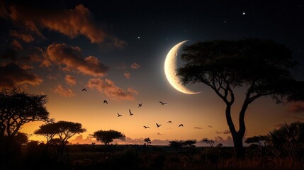 Fototapeta premium Serene twilight landscape with crescent moon and birds flying over savannah under starry sky