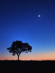 Obraz premium Stunning night sky scene with silhouette of tree and stars twinkling in twilight : Generative AI