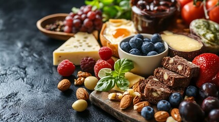 A delightful spread of gourmet foods including fruits, cheeses, and chocolate on a wooden board : Generative AI