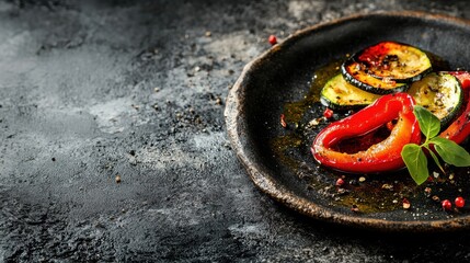 Grilled Vegetables on a Dark Plate with Olive Oil and Spices in a Rustic Setting