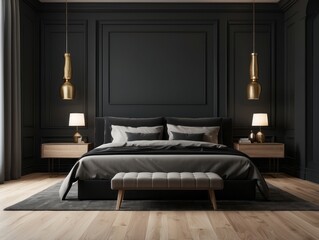 Luxurious bedroom features a dark color scheme with golden accents