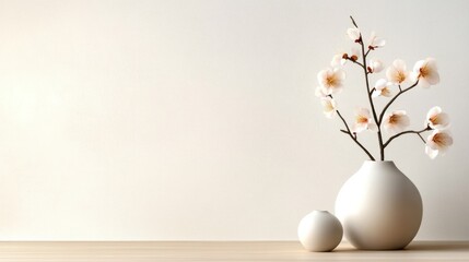 Blooming Branch in Ceramic Vase on Wooden Table Against Beige Stucco Wall - Home Interior Living Room Background with Copy Space