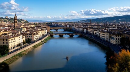 Obraz premium Classic View of Florence with River Arno and Iconic Bridges Under Blue Sky : Generative AI