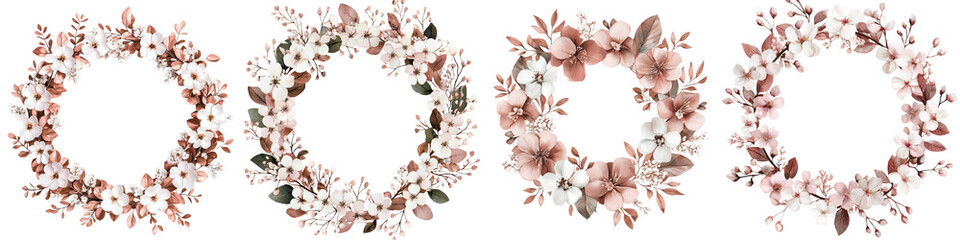 Obraz premium Elegant and romantic floral wreath made of delicate botanical branches leaves and blossoms in soft pastel shades of pink and white The vintage inspired wreath design can be used as a background