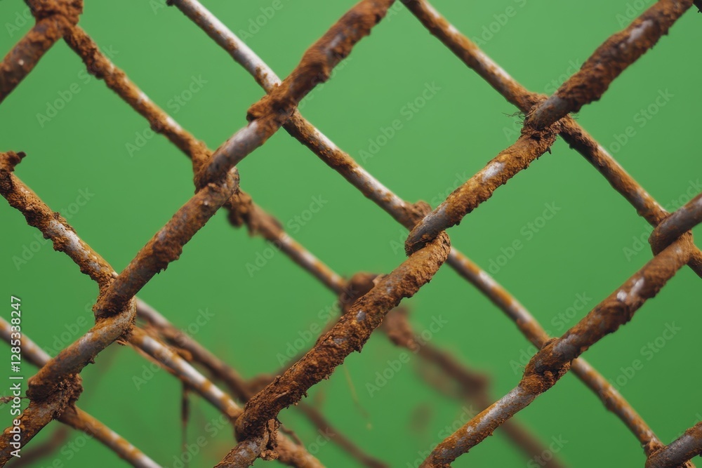 Poster old and rusty chain link fence close up showcasing corroded metal against a vibrant green background
