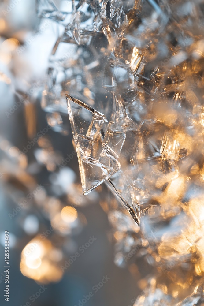 Poster abstract close-up of shimmering ice crystals reflecting soft golden light : generative ai