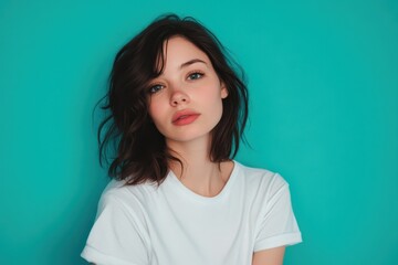 Fototapeta premium Intrigued brunette woman in casual t-shirt gazes thoughtfully at vibrant turquoise wall during daylight, Intrigued brunette woman in t-shirt looking at the camera over turquoise background