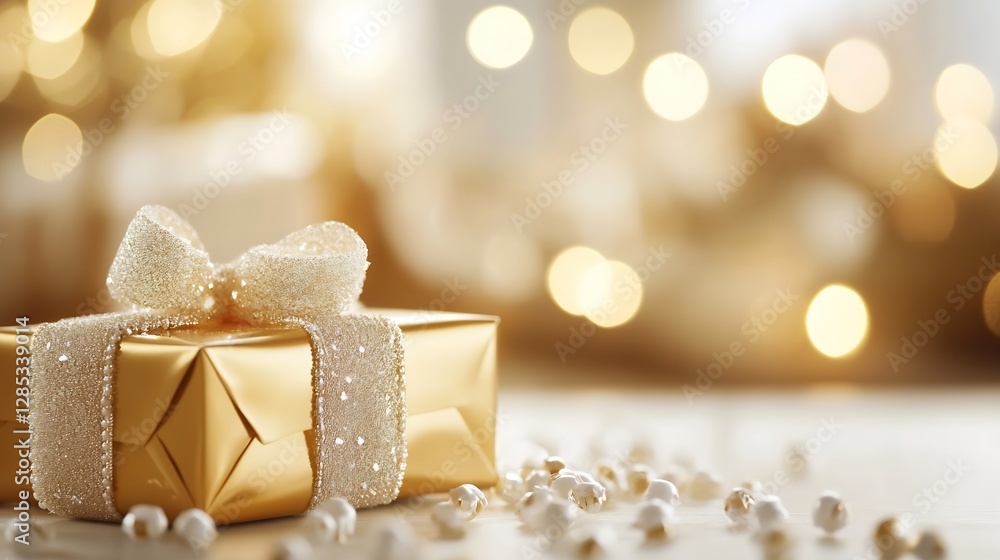 Poster glamorous gift box with gold wrapping and bokeh background creating holiday spirit : generative ai