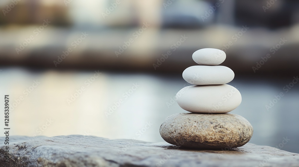 Aufkleber Balanced Stones Stacked Neatly on a Rock Surface by a Calm Body of Water Symbolizing Serenity : Generative AI
