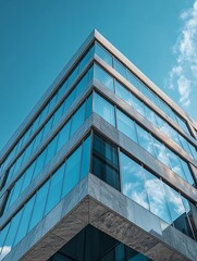 Modern Architectural Marvel with Reflective Glass Facade Against a Clear Blue Sky : Generative AI