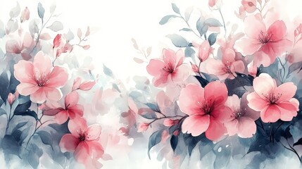 Fototapeta premium A soft watercolor illustration of blooming flowers and leaves, creating a serene atmosphere.