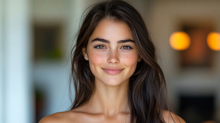 Fototapeta premium A confident young woman with a slender physique poses with an open shirt, revealing cleavage, against a blurred modern business background, symbolizing empowerment, elegance, and bold self-expression