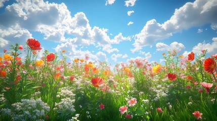 Fototapeta premium Vibrant Wildflower Meadow Under a Bright Blue Sky With Clouds in Springtime Showcasing a Variety of Colorful Blooms and Lush Greenery